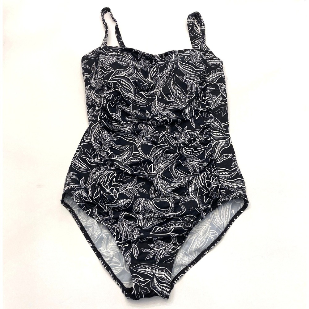 LL Bean Black One Piece Swimsuit Womens 18 Long Square Neck Front Lined Soft Cup